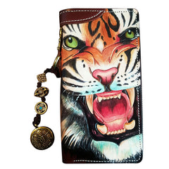 Handmade Leather Mens Clutch Wallet Cool Tiger Tooled Chain Wallet Biker Wallets for Men