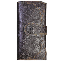 Handmade Leather Floral Mens Cool Travel Long Wallet Card Holder Card Slim Clutch Wallets for Men