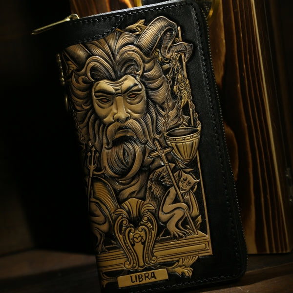 Handmade Leather Tooled Constellation Biker Wallet Mens Cool Chain Wallet Trucker Wallet with Chain