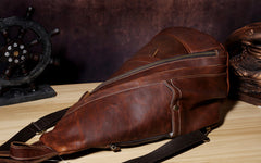 Genuine Leather Mens Cool Chest Bag Sling Bag Crossbody Bag Travel Bag Hiking Bag for men