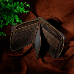 Handmade Leather Mens Cool Zipper Leather Wallet Card Wallet Men Small Wallets Bifold for Men