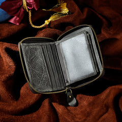 Handmade Leather Mens Cool Zipper Leather Wallet Card Wallet Men Small Wallets Bifold for Men