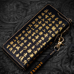 Handmade Leather Mens Chain Chinese Handwriting Biker Wallet Cool Leather Wallet Long Phone Wallets for Men