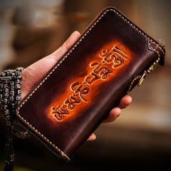 Handmade Leather Mens Tooled Eagle Chain Biker Wallet Cool Leather Wallet Long Clutch Wallets for Men