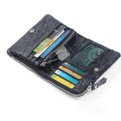 Handmade Leather Mens Cool Long Leather Wallet Trifold Clutch Wallet for Men