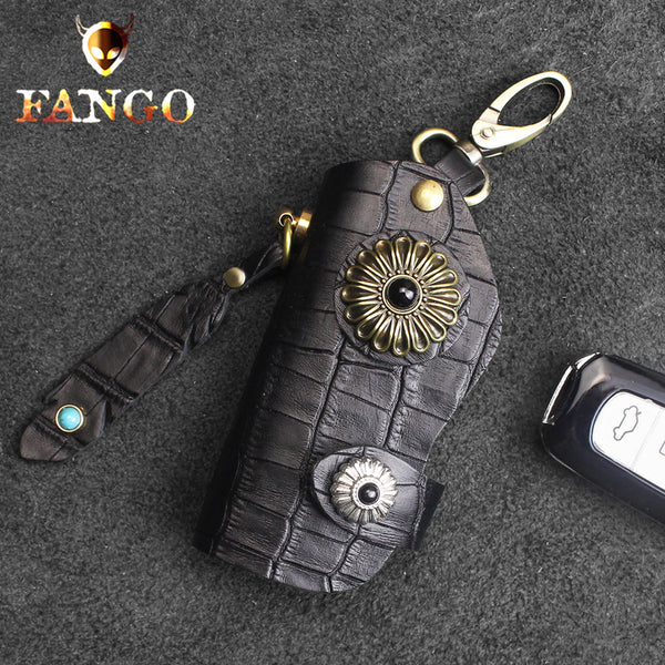 Handmade Leather Floral Mens Cool Car Key Wallet Coin Wallet Pouch Car KeyChain for Men