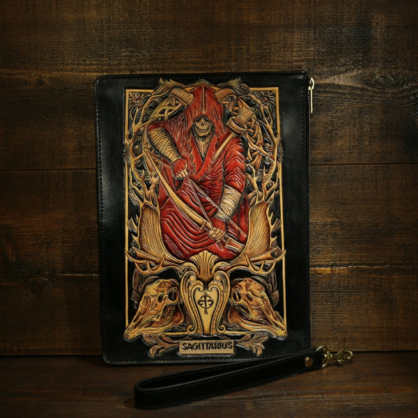 Handmade Leather Tooled CONSTELLATION Mens Cool Long Leather iPad Bag Wristlet Clutch Wallet for Men