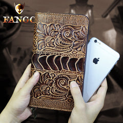 Handmade Leather Mens Tooled Floral Cool Zipper Phone Travel Long Wallet Card Holder Card Slim Clutch Wallets for Men