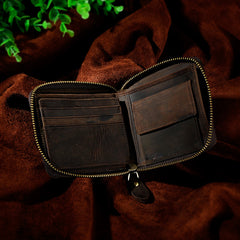 Handmade Leather Mens Cool Zipper Leather Wallet Card Wallet Men Small Wallets Bifold for Men