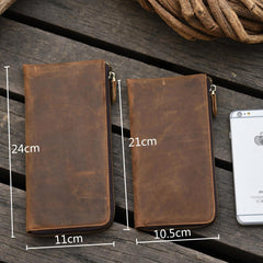 Handmade Leather Mens Cool Long Leather Wallet Zipper Clutch Wallet for Men