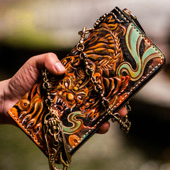 Handmade Leather Mens Tooled Monster Chain Biker Wallet Cool Leather Wallet Long Clutch Wallets for Men
