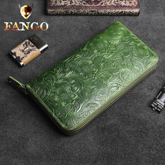 Handmade Leather Floral Mens Cool Travel Long Wallet Card Holder Card Slim Clutch Wallets for Men