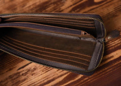 Handmade Leather Mens Cool Long Leather Wallet Zipper Clutch Wallet for Men