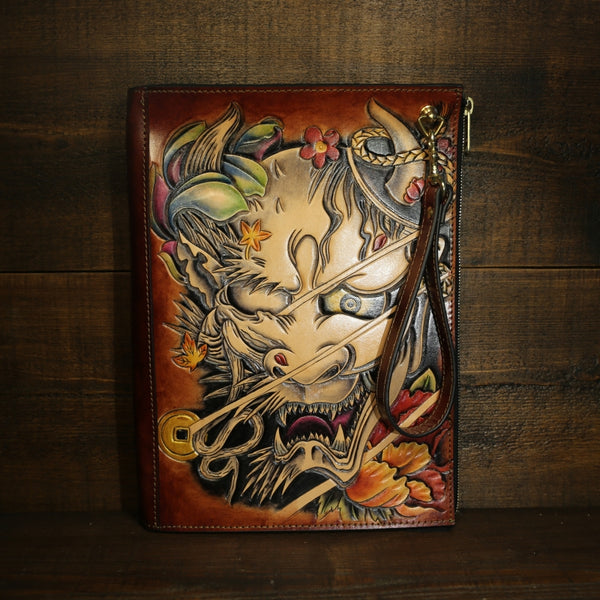 Handmade Leather Tooled Mens Cool Long Leather iPad Bag Wristlet Clutch Wallet for Men