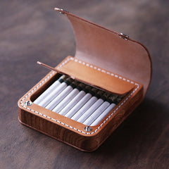 Handmade Wooden Coffee Leather Mens 10pcs Cigarette Case Cool Custom Cigarette Holder for Men - iwalletsmen