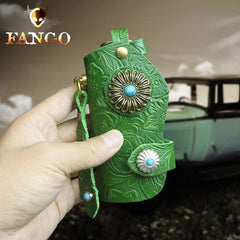 Handmade Leather Floral Mens Cool Car Key Wallet Coin Wallet Pouch Car KeyChain for Men