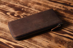 Handmade Leather Mens Cool Long Leather Wallet Zipper Clutch Wallet for Men