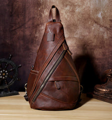 Genuine Leather Mens Cool Chest Bag Sling Bag Crossbody Bag Travel Bag Hiking Bag for men