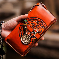 Handmade Leather Mens Tibetan Chain Biker Wallet Cool Leather Wallet Long Clutch Wallets for Men