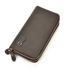 Handmade Leather Mens Cool Long Leather Wallet Zipper Wristlet Bag Clutch Wallet for Men