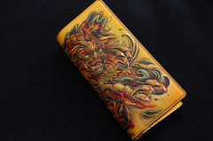 Handmade Leather Tooled Chinese Lion Mens Chain Biker Wallet Cool Leather Wallet With Chain Wallets for Men