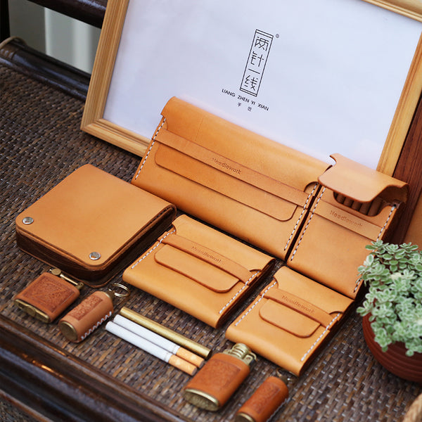 Wooden Beige Leather Mens Cigarette Case Cool Handmade Custom Cigarette Holder for Men - iwalletsmen