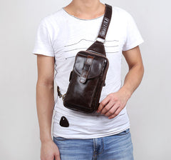 Genuine Leather Mens Cool Chest Bag Sling Bag Crossbody Bag Travel Bag Hiking Bag for men