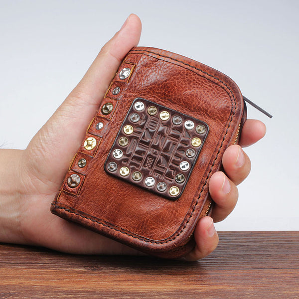 Handmade Mens Cool billfold Leather Wallet Men Small Zipper Wallets Bifold for Men - iwalletsmen