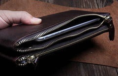 Handmade Leather Mens Cool Long Leather Wallet Slim Zipper Clutch Wristlet Wallet for Men