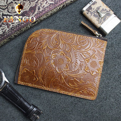 Handmade Leather Floral Mens Front Pocket Wallet Cool Slim Leather Wallet Men billfold Wallets Bifold for Men