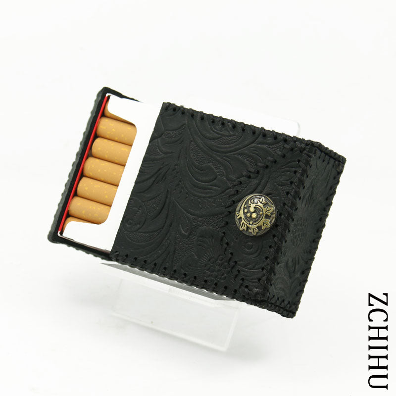 Handmade Cool Leather Mens Black Engraved Cigarette Holder Case Cigarette Holder for Men - iwalletsmen