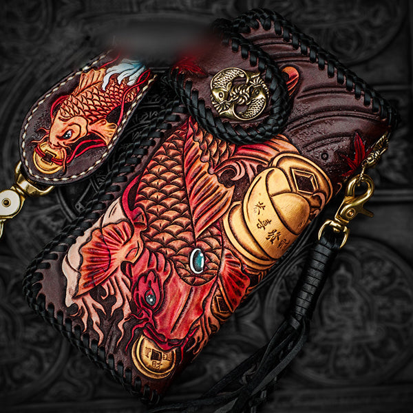 Handmade Leather Tooled Carp Mens Chain Biker Wallet Cool Leather Wallet Long Phone Wallets for Men