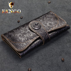 Handmade Leather Floral Mens Cool Travel Long Wallet Card Holder Card Slim Clutch Wallets for Men