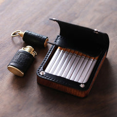 Handmade Wooden Black Leather Mens 20pcs Cigarette Case Cool Custom Cigarette Holder for Men - iwalletsmen
