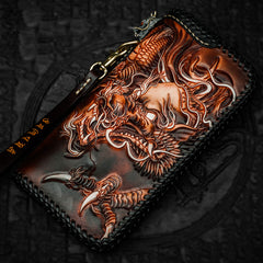 Handmade Leather Tooled Chinese Dragon Chain Wallet Mens Biker Wallet Cool Leather Wallet Long Phone Wallets for Men