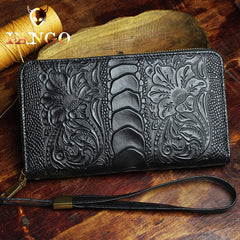 Handmade Leather Mens Tooled Floral Cool Zipper Phone Travel Long Wallet Card Holder Card Slim Clutch Wallets for Men