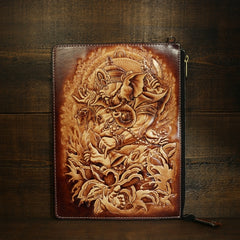 Handmade Leather Tooled Mens Cool Long Leather iPad Bag Wristlet Clutch Wallet for Men