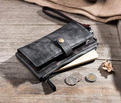 Handmade Leather Mens Biker Wallet Cool Leather Wallet Long Wrist Wallets for Men