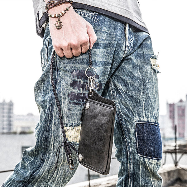 Genuine Mens Cool Long Leather Chain Wallet Cards Biker Trucker Wristlet Wallet - iwalletsmen