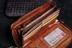Handmade Leather Mens Cool Long Leather Wallet Card Wallet Clutch Wristlet Wallet for Men