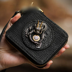 Biker Wallet for Men Chinese Dragon Leather Tooled Mens billfold Wallet Handmade Chain Wallet 