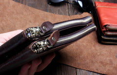 Handmade Leather Mens Cool Long Leather Wallet Slim Zipper Clutch Wristlet Wallet for Men
