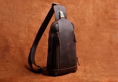 Handmade Leather Mens Cool Chest Bag Sling Bag Crossbody Bag Travel Bag Hiking Bag for men