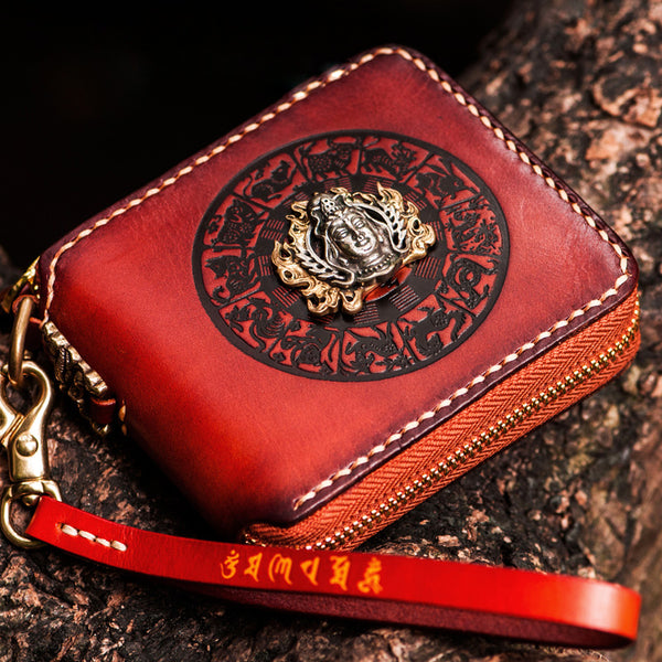 Handmade Leather Small Tooled Mens billfold Wallet Cool Chain Wallet Biker Wallet for Men