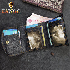 Handmade Leather Floral Mens Trifold Cool billfold Wallet Card Holder Small Card Slim Wallets for Men