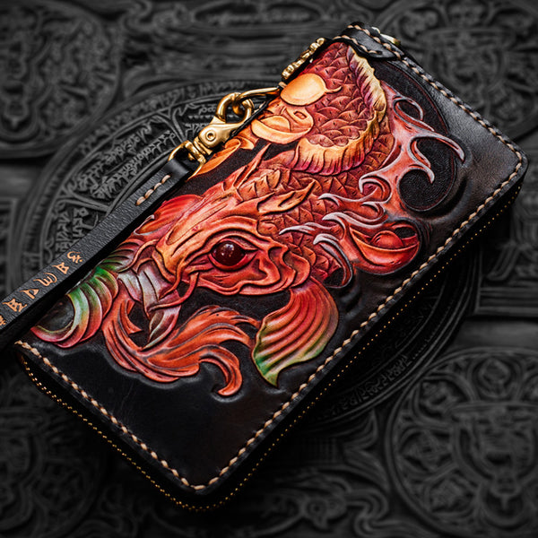 Handmade Leather Tooled Carp Mens Chain Biker Wallet Cool Leather Wallet Long Phone Wallets for Men