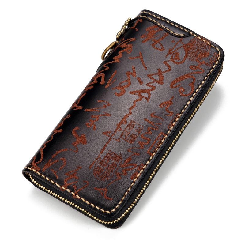 Handmade Leather Mens Chinese Handwriting Chain Biker Wallet Cool Leather Wallet Long Phone Wallets for Men