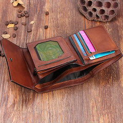 Handmade Mens Cool billfold Leather Wallet Men Small Zipper Wallets Trifold for Men