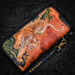 Handmade Leather Tooled Chinese Dragon Chain Wallet Mens Biker Wallet Cool Leather Wallet Long Phone Wallets for Men