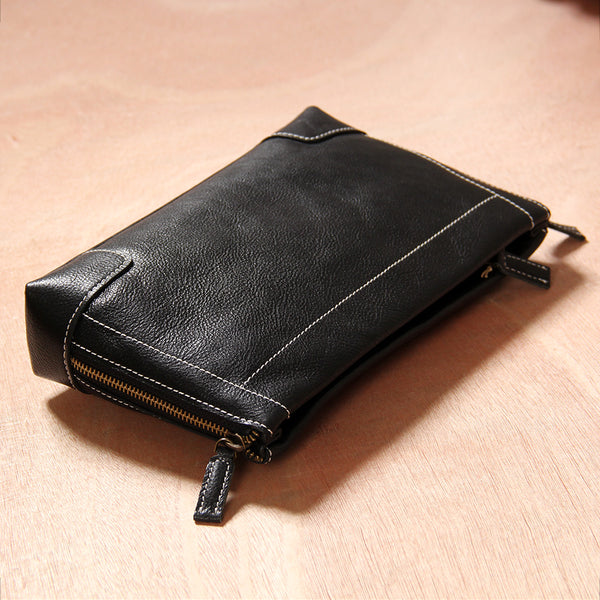 Cool Leather Mens Clutch Wristlet Bag Black Zipper Clutch Wallet for Men